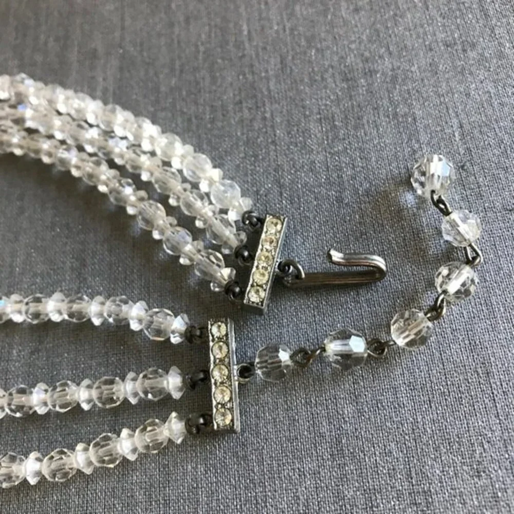 Vintage 3 Strand Aurora Borealis Crystal Necklace Rhinestone Extension 14-16 In